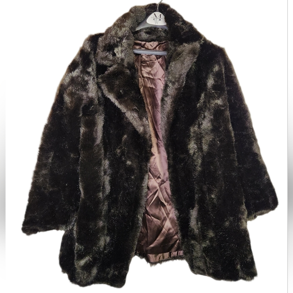 Vintage 1980s Beeline Fashions Faux Fur Jacket Dark Brown Collar Mob Wife 12
